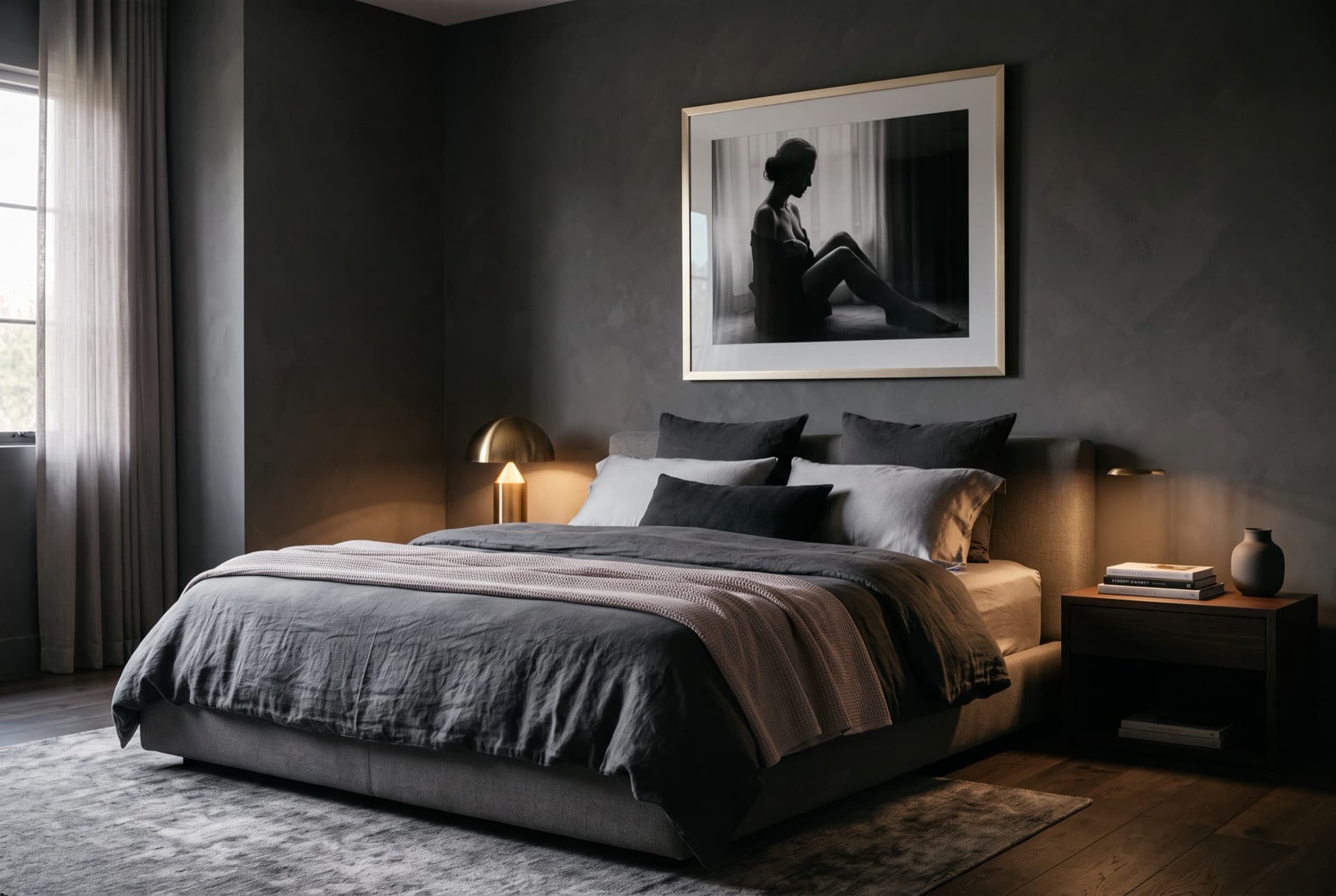 A framed fine-art portrait above the bed in an elegant private bedroom