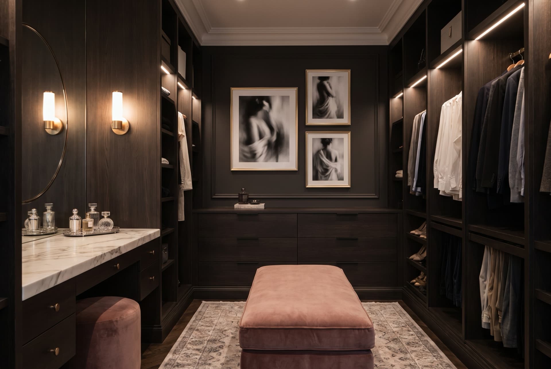 Framed fine-art boudoir prints displayed in an elegant private dressing room